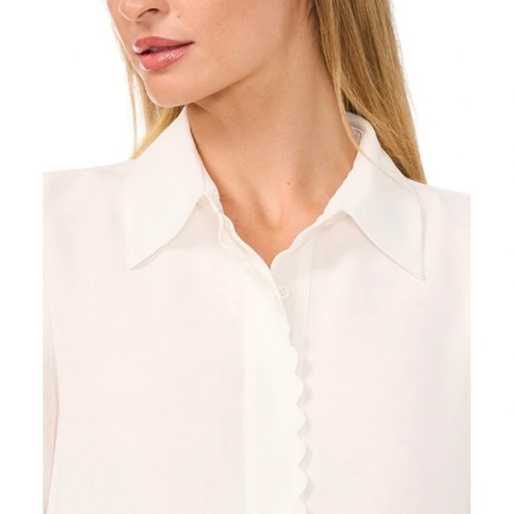 CeCe Women's Scalloped-Trim Collared Long-Sleeve Blouse in New Ivory Size S - Picture 2 of 9